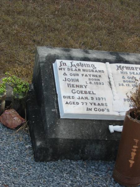 John Henry GOEBEL  | B: 1-8-1893  | D: 9 Jan 1971  | aged 77 yrs  |   | wife  | Gace Sarah GOEBEG  | B: 28-12-1897  | D: 9 Mar 1990  | aged 92 yrs  |   | Mutdapilly general cemetery, Boonah Shire  | 