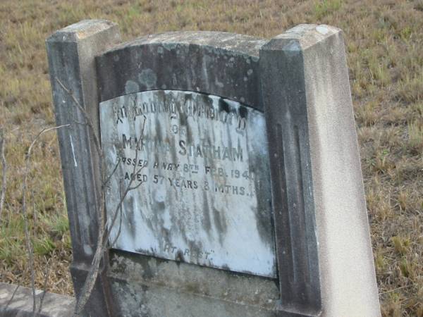 Martha STATHAM  | 8 Feb 1940  | 57 yrs 8 mths  |   | Mutdapilly general cemetery, Boonah Shire  | 
