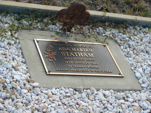 Ada Marian STATHAM  | 14 Jan 1989  | 99 yrs 6 mths  |   | Mutdapilly general cemetery, Boonah Shire  | 