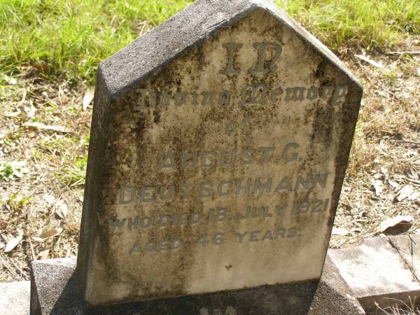 August G. DEUTSCHMANN,  | died 18 July 1921 aged 46 years;  | Nikenbah Aalborg Danish Cemetery, Hervey Bay  | 