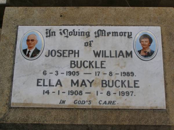 Joseph William BUCKLE,  | 6-3-1905 - 17-8-1989;  | Ella May BUCKLE,  | 14-1-1908 - 1-8-1997;  | Nobby cemetery, Clifton Shire  | 