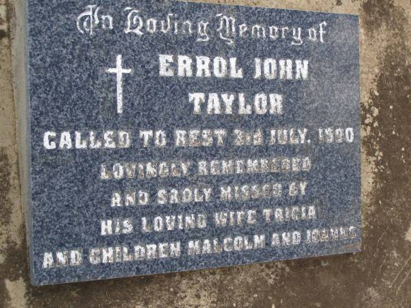 Errol John TAYLOR,  | died 3 July 1990,  | wife Tricia,  | children Malcolm & Joanne;  | Nobby cemetery, Clifton Shire  | 