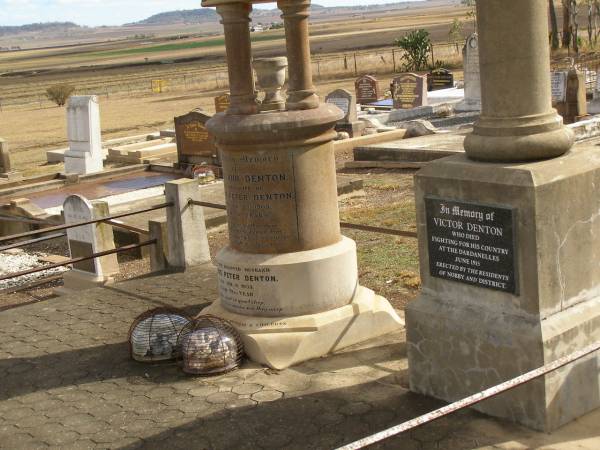 Alice Ann DENTON,  | wife of Thomas Peter DENTON,  | died 29 Jan 1909 aged 58 years,  | wife mother,  | erected by husband & children;  | Thomas Peter DENTON,  | died 6 Feb 1933 in his 79th year,  | husband;  | Victor DENTON,  | died fighting Dardanelles June 1915;  | Nobby cemetery, Clifton Shire  | 