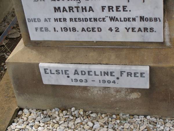 George FREE,  | born Hadstock Essex England 5 May 1839,  | died  Rose Valley  Nobby 19 July 1903,  | erected by wife & family;  | Sarah Jane FREE,  | born Tyrone Ireland,  | died  Rose Valley  Nobby 31 Dec 1923 aged 72 years;  | Benjamin E. FREE;  | Isaac James FREE,  | died  Milton  Nobby Aug 1914 aged 38 years;  | George Eli FREE,  | died  Walden  Nobby 19 May 1946 aged 72 years;  | Martha FREE,  | died  Walden  Nobby 1 Feb 1918 aged 42 years;  | Elsie Adeline FREE,  | 1903 - 1904;  | Nobby cemetery, Clifton Shire  | 