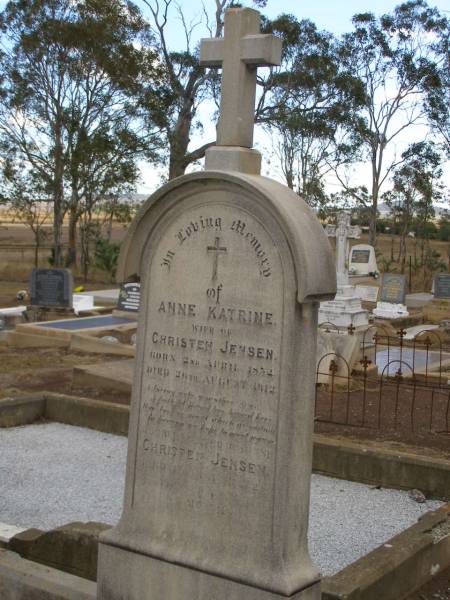 Anne Katrine,  | wife of Christen JENSEN,  | born 2 April 1852,  | died 26 Aug 1912;  | Christen JENSEN,  | died 9 March 1929 aged 69 years 9 months;  | Nobby cemetery, Clifton Shire  | 