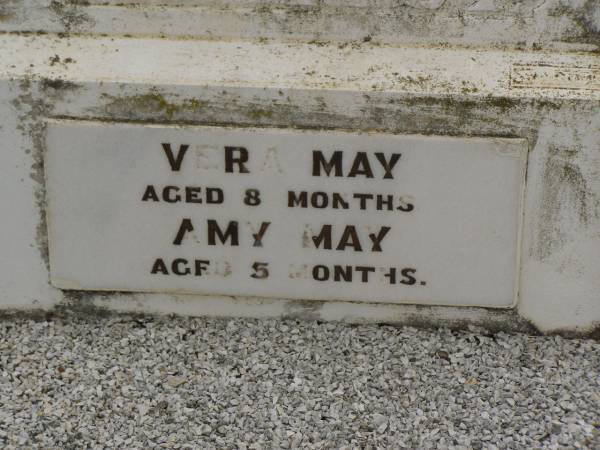 Matilda A. MAY,  | 1890 - 1945,  | wife mother;  | Frank MAY,  | 1880 - 1963,  | father;  | Vera MAY,  | aged 8 months;  | Amy MAY,  | aged 5 months;  | Nobby cemetery, Clifton Shire  | 