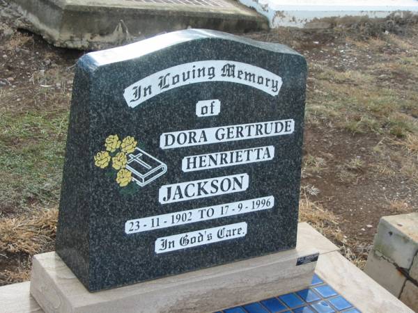 Dora Gertrude Henrietta JACKSON,  | 23-11-1902 - 17-9-1996;  | Nobby cemetery, Clifton Shire  | 
