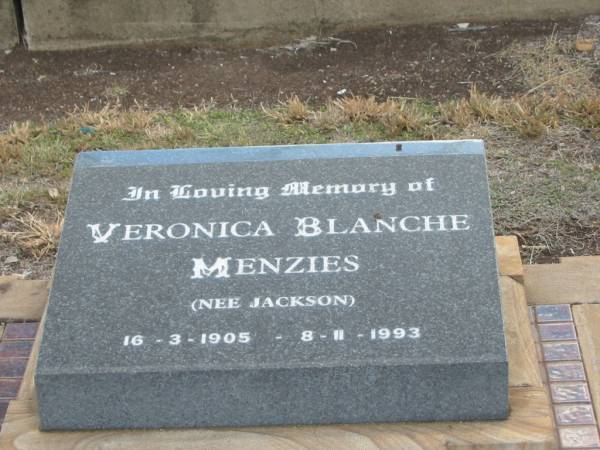 Veronica Blanche MENZIES (nee JACKSON),  | 16-3-1905 - 8-11-1993;  | Nobby cemetery, Clifton Shire  | 