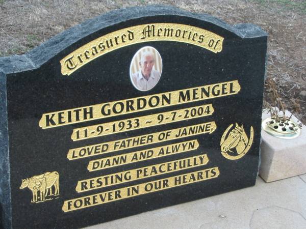 Keith Gordon MENGEL,  | 11-9-1933 - 9-7-2004,  | father of Janine, Diann & Alwyn;  | Nobby cemetery, Clifton Shire  | 