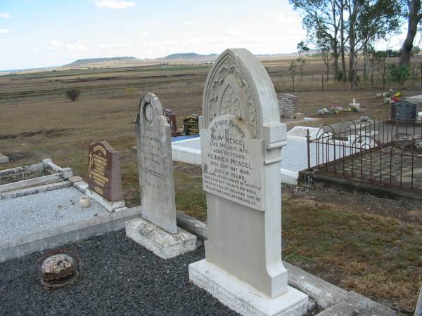 Bertie MENGEL,  | born 25 Feb 1903,  | died 9 April 1914 aged 11 years,  | son;  | Mary MENGEL,  | died 2 July 1920 aged 63 years;  | Heinrich MENGEL,  | died 22 May 1946 aged 81 years;  | Nobby cemetery, Clifton Shire  |   | 