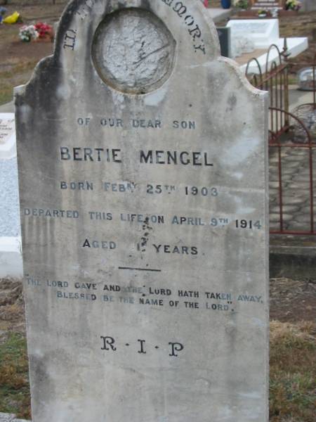 Bertie MENGEL,  | born 25 Feb 1903,  | died 9 April 1914 aged 11 years,  | son;  | Mary MENGEL,  | died 2 July 1920 aged 63 years;  | Heinrich MENGEL,  | died 22 May 1946 aged 81 years;  | Nobby cemetery, Clifton Shire  |   | 
