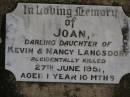 Joan (Jo), daughter of Kevin & Nancy LANGSDORF, accidentally killed 27 June 1951 aged 1 year 10 months; Nobby cemetery, Clifton Shire 