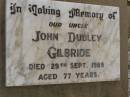 
John Dudley GILBRIDE,
died 29 Sept 1985 aged 77 years,
uncle;
Nobby cemetery, Clifton Shire
