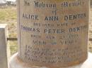 
Alice Ann DENTON,
wife of Thomas Peter DENTON,
died 29 Jan 1909 aged 58 years,
wife mother,
erected by husband & children;
Thomas Peter DENTON,
died 6 Feb 1933 in his 79th year,
husband;
Victor DENTON,
died fighting Dardanelles June 1915;
Nobby cemetery, Clifton Shire
