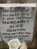 James DENTON, died 25 Feb 1970 aged 86 years, father; Margaret Alice DENTON, died 30 May 1961 aged 75 years, wife mother; Nobby cemetery, Clifton Shire 