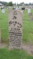 
Dinah (QUINTAL)
widow of Edward QUINTAL
eldest daughter of John ADAMS of the Bounty
d: 18 Jan 1864, aged 68

Norfolk Island Cemetery
