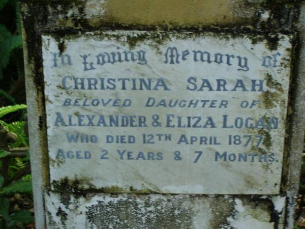 Eliza,  | wife of Alexander LOGAN,  | died 23 Aug 1911 aged 78 years;  | Christina Sarah,  | daughter of Alexander & Eliza LOGAN,  | died 12 April 1877 aged 2 years 7 months;  | Alexander LOGAN,  | died 15 Sept 1888 aged 58 years;  | North Tumbulgum cemetery, New South Wales  | 