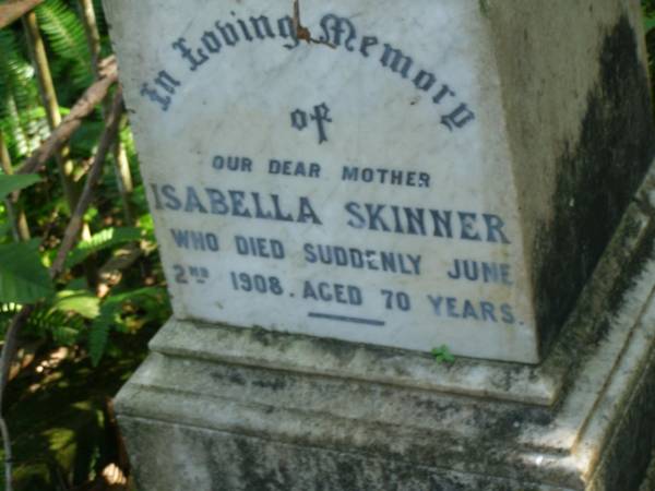 Henry SKINNER,  | husband of Isabella SKINNER,  | died 5 oct 1895 aged 75 years;  | Isabella SKINNER,  | mother,  | died suddenly 2 June 1908 aged 70 years;  | North Tumbulgum cemetery, New South Wales  | 