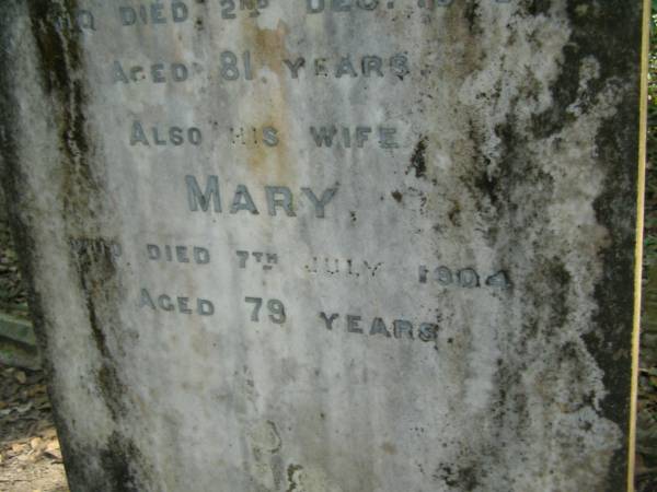 John RITCHIE,  | died 2 Dec 1900 aged 81 years;  | Mary,  | died 7 July 1904 aged 79 years;  | North Tumbulgum cemetery, New South Wales  | 