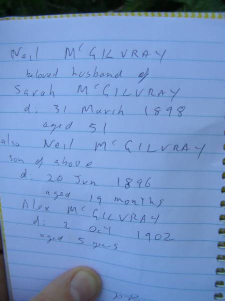 Neil MCGILVRAY,  | husband of Sarah MCGILVRAY,  | died 31 March 1898 aged 51 years;  | Neil MCGILVRAY,  | son,  | died 20 Jun 1896 aged 19 months;  | Alex MCGILVRAY,  | died 2 Oct 1902 aged 5 years;  | North Tumbulgum cemetery, New South Wales  | 