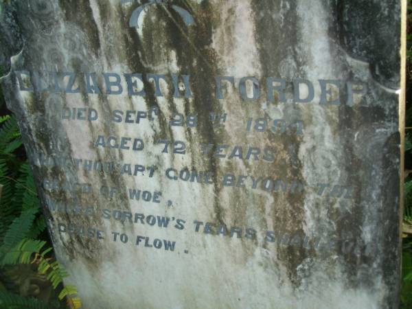 Elizabeth FORDER,  | died 28 Sept 1891 aged 72 years;  | North Tumbulgum cemetery, New South Wales  | 