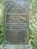 Eliza, wife of Alexander LOGAN, died 23 Aug 1911 aged 78 years; Christina Sarah, daughter of Alexander & Eliza LOGAN, died 12 April 1877 aged 2 years 7 months; Alexander LOGAN, died 15 Sept 1888 aged 58 years; North Tumbulgum cemetery, New South Wales 