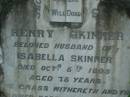 Henry SKINNER,
husband of Isabella SKINNER,
died 5 oct 1895 aged 75 years;
Isabella SKINNER,
mother,
died suddenly 2 June 1908 aged 70 years;
North Tumbulgum cemetery, New South Wales