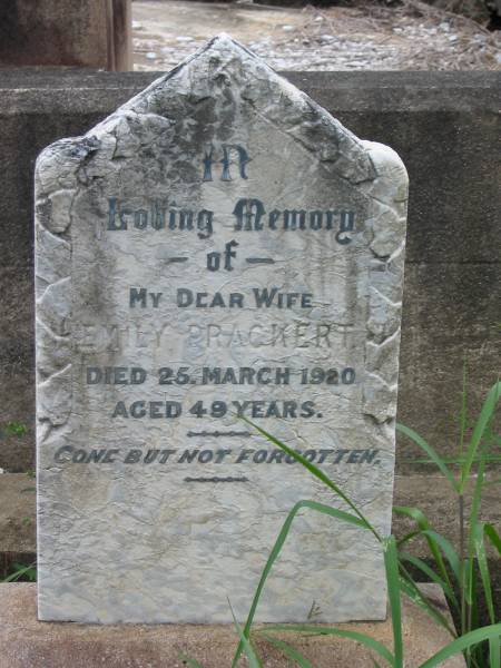 Emily Prackert  | 25 Mar 1920  | aged 49  |   | Nundah / German Station Cemetery: (Albury/Bridges relatives)  |   |   | 