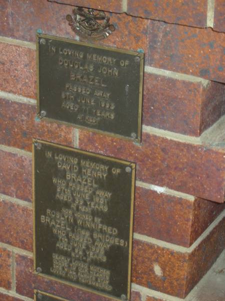 Douglas John BRAZEL  | 8 Jun 1993  | aged 71  |   | David Henry BRAZEL  | 27 Jun 1951  | aged 39  |   | Roslyn Winnifred BRAZEL (nee BRIDGES)  | 7 Jun 1995  | aged 92  |   | Nundah / German Station Cemetery: (Albury/Bridges relatives)  |   | 