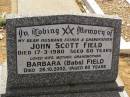 
John Scott FIELD,
Barbara FIELD,
Cemetery,
Nyngan, New South Wales
