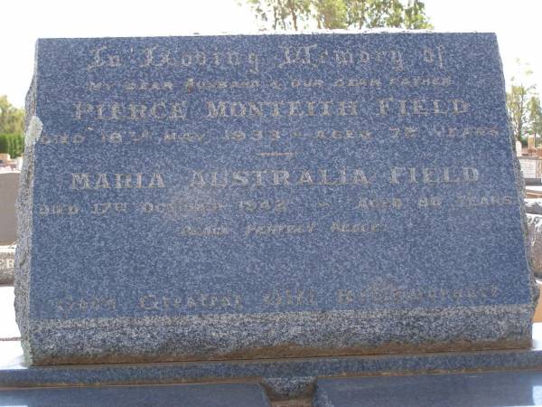 Pierce Monteith FIELD,  | Maria Australia FIELD,  | Cemetery,  | Nyngan, New South Wales  | 
