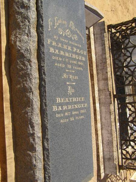 Frank Page BARRINGER,  | Beatrice BARRINGER,  | Cemetery,  | Nyngan, New South Wales  | 