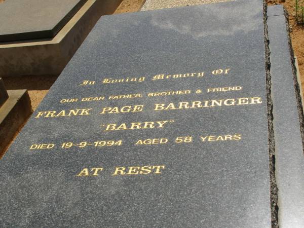 Frank Page BARRINGER,  | Cemetery,  | Nyngan, New South Wales  | 