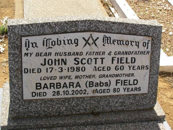 John Scott FIELD,  | Barbara FIELD,  | Cemetery,  | Nyngan, New South Wales  | 