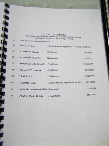 Jane O'GRADY         25 May 1894  | Duncan CUMMING       20 Feb 1896  | Elenor W STEWART     12 Jun 1897  | John Edward McKENZIE 29 Aug 1897  | Annette McCARTHY      8 Oct 1898  | R I CLARK             6 Nov 1900  | John O'GRADY         11 Oct 1903  | Lionel Birch Slade FORBES 27 Apr 1904  | Clarice Delicia CLARK 16 Nov 1905  |   | Old Onslow Cemetery, register of grants of rights of burial  |   | 