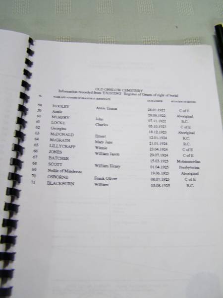 Annie Emma HOOLEY, 28 Jul 1922, C of E  | Annie. 28 Sep 1922, Aboriginal  | John MURPHY, 7 Nov 1922, R.C.  | Charles LOCKE, 5 Oct 1923, C of E  | Georgina, 18 Dec 1923, Aboriginal  | Ernest McDONALD, 12 Jan 1924 R.C.  | Mary Jane McGRATH, 21 Jan 1924 R,C,  | Winnie LILLYCRAPP, 23 Apr 1924, C of E  | William Jason JONES, 29 Jul 1924, C of E  | BATCHER, 15 Mar 1925, Mohammedan  | William Henry SCOTT, 1 Apr 1925, Presbyterian  | Nellie of Minderoo, 19 Jun 1925, Aboriginal  | Frank Oliver OSBORNE, 8 Jul 1925, C of E  | William BLACKBURN, 5 Aug 1925, R.C.  |   | Old Onslow Cemetery, register of grants of rights of burial  |   | 
