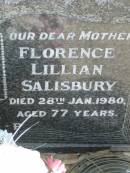 John Thomas SALISBURY, husband father, died 24 Jan 1967 aged 79 years; Florence Lillian SALISBURY, mother, died 28 Jan 1980 aged 77 years; St James Catholic Cemetery, Palen Creek, Beaudesert Shire 