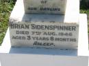 Brian SIDENSPINNER, died 7 Aug 1946 aged 3 years 8 months; St James Catholic Cemetery, Palen Creek, Beaudesert Shire 