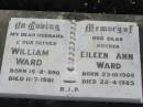 William WARD, husband father, born 15-2-1890 died 11-7-1981; Eileen Ann WARD, mother, born 23-10-1900 died 22-4-1983; St James Catholic Cemetery, Palen Creek, Beaudesert Shire 