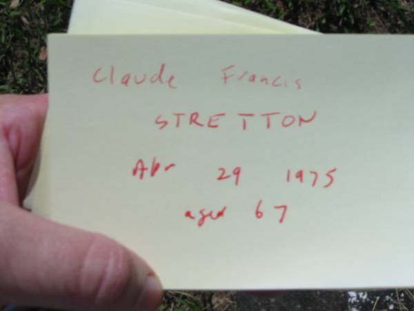 Claude Francis STRETTON, brother,  | died 29 April 1975 aged 67 years;  | St James Catholic Cemetery, Palen Creek, Beaudesert Shire  | 