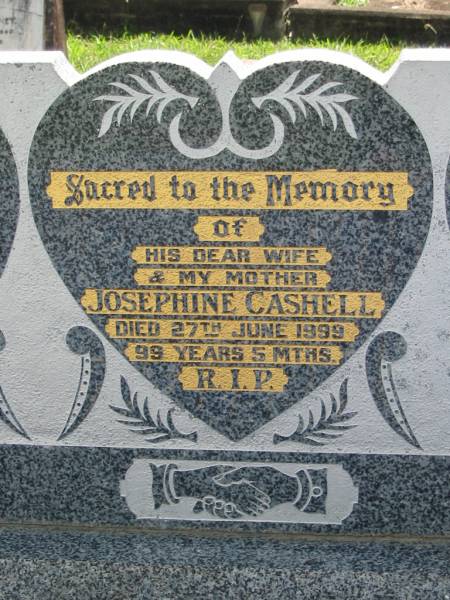 Maurice CASHELL, husband father,  | died 27 Dec 1956 aged 56 years;  | Josephine CASHELL, wife mother,  | died 27 June 1999 aged 99 years 5 months;  | Morris CASHELL, son,  | died 12 April 2002 aged 79 years;  | St James Catholic Cemetery, Palen Creek, Beaudesert Shire  | 