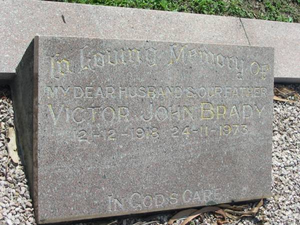 Victor John BRADY, husband father,  | 12-12-1918 - 24-11-1973;  | St James Catholic Cemetery, Palen Creek, Beaudesert Shire  | 