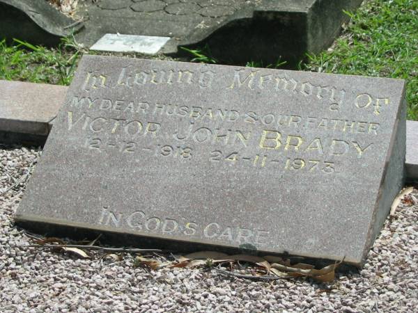 Victor John BRADY, husband father,  | 12-12-1918 - 24-11-1973;  | St James Catholic Cemetery, Palen Creek, Beaudesert Shire  | 