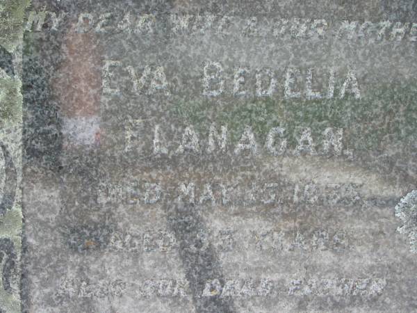 Eva Bedelia FLANAGAN, wife mother,  | died 15 May 1935 aged 58 years;  | Joseph FLANAGAN, father,  | died 27 Oct 1960 aged 84 years;  | St James Catholic Cemetery, Palen Creek, Beaudesert Shire  | 