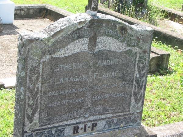 Catherine FLANAGAN,  | died 14 Aug 1942 aged 57 years;  | Andrew FLANAGAN,  | died 27 Aug 1928 aged 57 years;  | St James Catholic Cemetery, Palen Creek, Beaudesert Shire  | 
