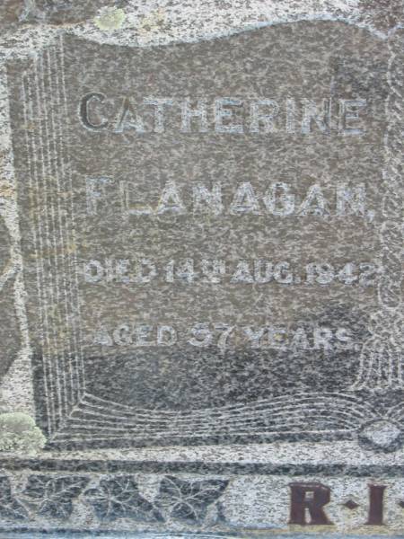 Catherine FLANAGAN,  | died 14 Aug 1942 aged 57 years;  | Andrew FLANAGAN,  | died 27 Aug 1928 aged 57 years;  | St James Catholic Cemetery, Palen Creek, Beaudesert Shire  | 