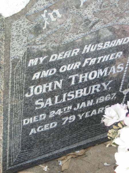 John Thomas SALISBURY, husband father,  | died 24 Jan 1967 aged 79 years;  | Florence Lillian SALISBURY, mother,  | died 28 Jan 1980 aged 77 years;  | St James Catholic Cemetery, Palen Creek, Beaudesert Shire  | 