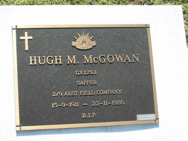 Hugh M. MCGOWAN,  | 15-9-1911 - 22-11-1986;  | St James Catholic Cemetery, Palen Creek, Beaudesert Shire  | 
