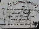 John HART, died 24 Dec 1939 aged 71 years, husband father; Parkhouse Cemetery, Beaudesert 