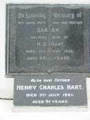 Sarah wife of H.C. HART, died 13 May 1035 aged 64 years, wife mother; Henry Charles HART, died 3 July 1961 aged 91 years, father; Parkhouse Cemetery, Beaudesert 